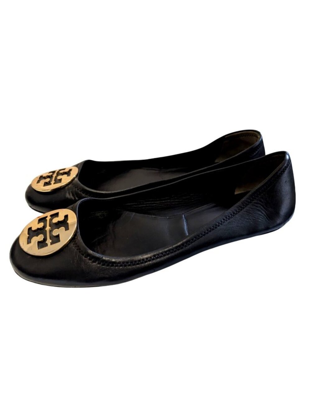 Tory Burch Black Leather Minnie Travel Ballet Flats Gold Logo Womens Size 12